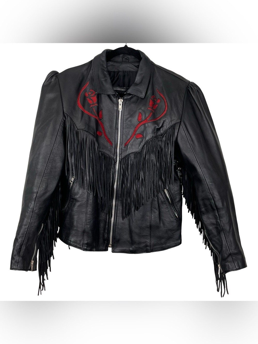 Women’s First Genuine Leather Fringe Moto Jacket Black 16 runs small